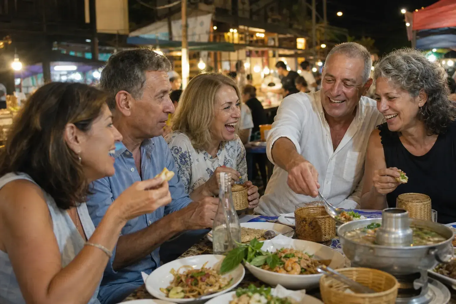 חברים ישראלים מבוגרים נהנים מארוחה בשוק לילה תאילנדי